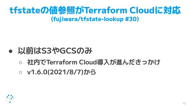 tfstateの値参照がTerraform Cloudに対応
(fujiwara/tfstate-lookup #30)
● 以前はS3やGCSのみ
○ 社内でTerraform Cloud導入が進んだきっかけ
○ v1.6.0(2021/8/7)から
12
