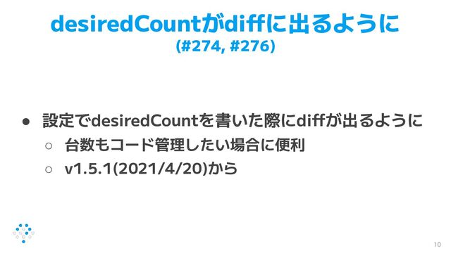 desiredCountがdiffに出るように
(#274, #276)
● 設定でdesiredCountを書いた際にdiffが出るように
○ 台数もコード管理したい場合に便利
○ v1.5.1(2021/4/20)から
10
