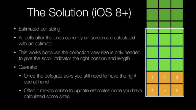 The Solution (iOS 8+)
• Estimated cell sizing
• All cells after the ones currently on screen are calculated
with an estimate
• This works because the collection view size is only needed
to give the scroll indicator the right position and length
• Caveats:
• Once the delegate asks you still need to have the right
size at hand
• Often it makes sense to update estimates once you have
calculated some sizes
1 2 3
4 5 6
