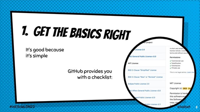 1. Get the basics right
GitHub provides you
with a checklist:
5
It’s good because
it’s simple
@kelset
#WEBdeLDN22
