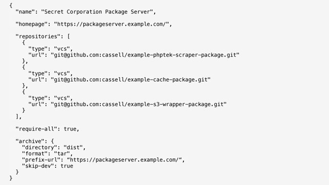 { 
"name": "Secret Corporation Package Server", 
"homepage": "https://packageserver.example.com/", 
"repositories": [ 
{ 
"type": "vcs", 
"url": "git@github.com:cassell/example-phptek-scraper-package.git" 
}, 
{ 
"type": "vcs", 
"url": "git@github.com:cassell/example-cache-package.git" 
}, 
{ 
"type": "vcs", 
"url": "git@github.com:cassell/example-s3-wrapper-package.git" 
} 
], 
 
"require-all": true, 
 
"archive": { 
"directory": "dist", 
"format": "tar", 
"prefix-url": “https://packageserver.example.com/“,
"skip-dev": true
} 
}
