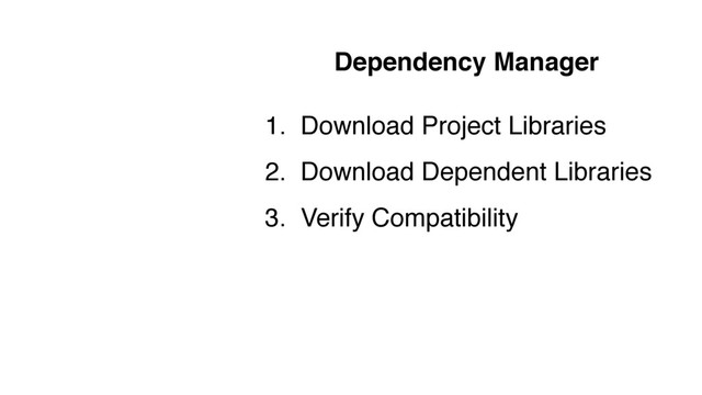 Dependency Manager
1. Download Project Libraries
2. Download Dependent Libraries
3. Verify Compatibility
