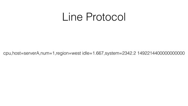 Line Protocol
cpu,host=serverA,num=1,region=west idle=1.667,system=2342.2 1492214400000000000
