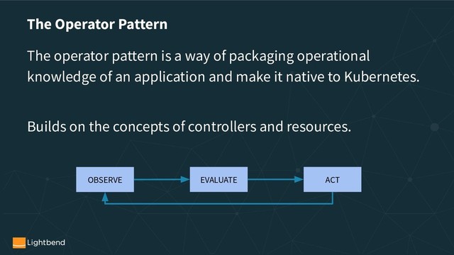 The Operator Pattern
The operator pattern is a way of packaging operational
knowledge of an application and make it native to Kubernetes.
Builds on the concepts of controllers and resources.
OBSERVE EVALUATE ACT
