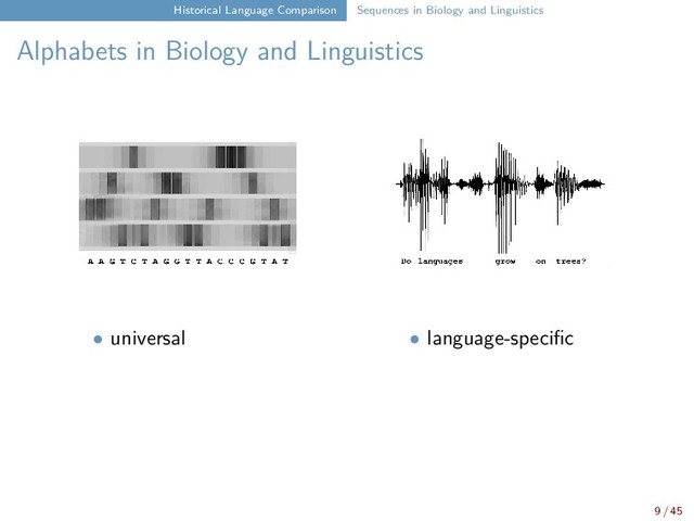 Historical Language Comparison Sequences in Biology and Linguistics
Alphabets in Biology and Linguistics
• universal • language-specific
9 / 45
