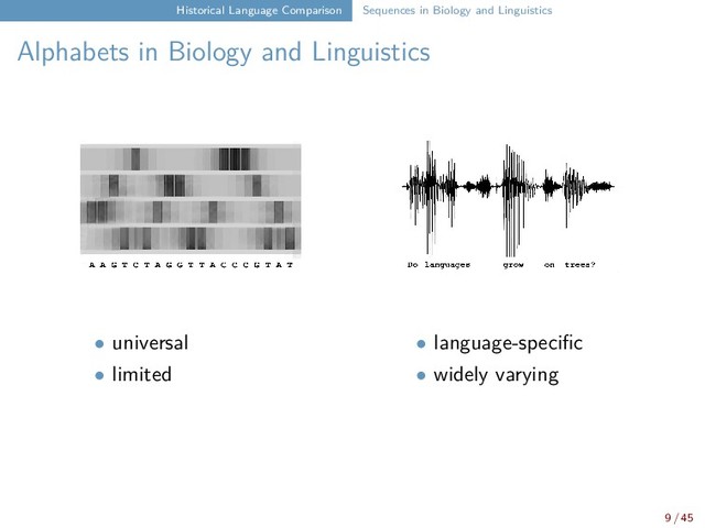 Historical Language Comparison Sequences in Biology and Linguistics
Alphabets in Biology and Linguistics
• universal • language-specific
• limited • widely varying
9 / 45
