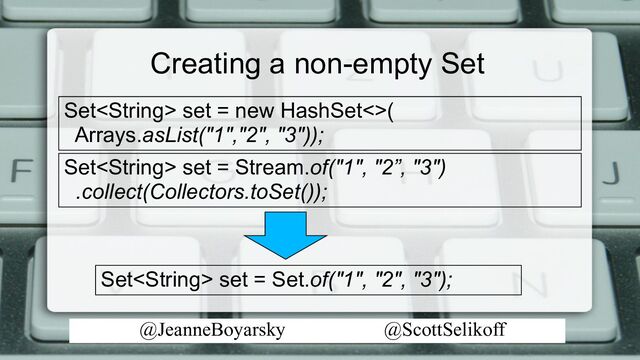 @JeanneBoyarsky @ScottSelikoff
Creating a non-empty Set
Set set = new HashSet<>(
Arrays.asList("1","2", "3"));
Set set = Stream.of("1", "2”, "3")
.collect(Collectors.toSet());
Set set = Set.of("1", "2", "3");
