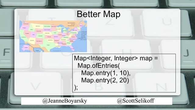 @JeanneBoyarsky @ScottSelikoff
Better Map
Map map =
Map.ofEntries(
Map.entry(1, 10),
Map.entry(2, 20)
);
