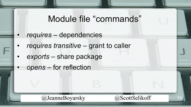 @JeanneBoyarsky @ScottSelikoff
Module file “commands”
• requires – dependencies
• requires transitive – grant to caller
• exports – share package
• opens – for reflection
56
