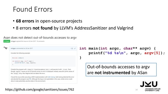 Found Errors
• 68 errors in open-source projects
• 8 errors not found by LLVM’s AddressSanitizer and Valgrind
14
int main(int argc, char** argv) {
printf("%d %s\n", argc, argv[5]);
}
Out-of-bounds accesses to argv
are not instrumented by ASan
https://github.com/google/sanitizers/issues/762
