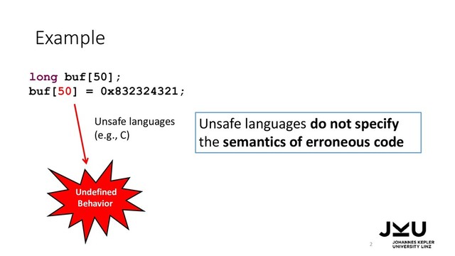 Example
2
long buf[50];
buf[50] = 0x832324321;
Unsafe languages
(e.g., C)
Undefined
Behavior
Unsafe languages do not specify
the semantics of erroneous code
