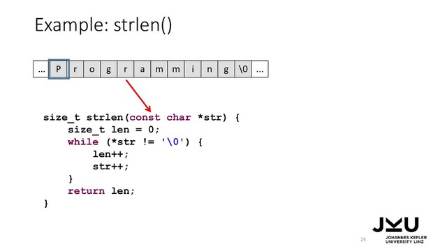 Example: strlen()
25
size_t strlen(const char *str) {
size_t len = 0;
while (*str != '\0') {
len++;
str++;
}
return len;
}
P r o g r a m m i n g \0
... ...
