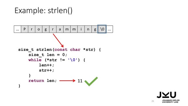 Example: strlen()
25
size_t strlen(const char *str) {
size_t len = 0;
while (*str != '\0') {
len++;
str++;
}
return len;
}
11
P r o g r a m m i n g \0
... ...
