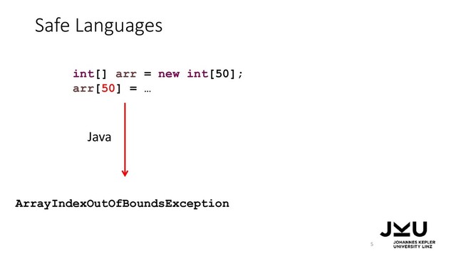 Safe Languages
5
Java
ArrayIndexOutOfBoundsException
int[] arr = new int[50];
arr[50] = …
