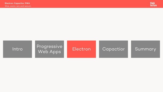 Intro
Progressive
Web Apps
Electron Capactior Summary
Electron, Capacitor, PWA
Was, wann, wie und warum
