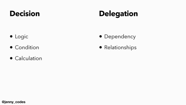 @jenny_codes
Decision
• Logic


• Condition


• Calculation
• Dependency


• Relationships
Delegation
