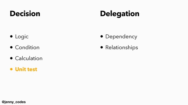 @jenny_codes
Decision
• Logic


• Condition


• Calculation


• Unit test
• Dependency


• Relationships
Delegation
