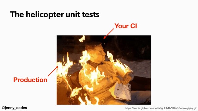 @jenny_codes https://media.giphy.com/media/IguL9zRYV20X1QeKuV/giphy.gif
Production
Your CI
The helicopter unit tests
