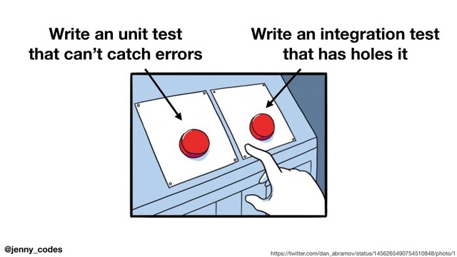@jenny_codes
https://twitter.com/dan_abramov/status/1456265490754510848/photo/1
Write an unit test
that can’t catch errors
Write an integration test
that has holes it
