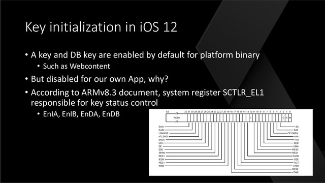 Key initialization in iOS 12
• A key and DB key are enabled by default for platform binary
• Such as Webcontent
• But disabled for our own App, why?
• According to ARMv8.3 document, system register SCTLR_EL1
responsible for key status control
• EnIA, EnIB, EnDA, EnDB
