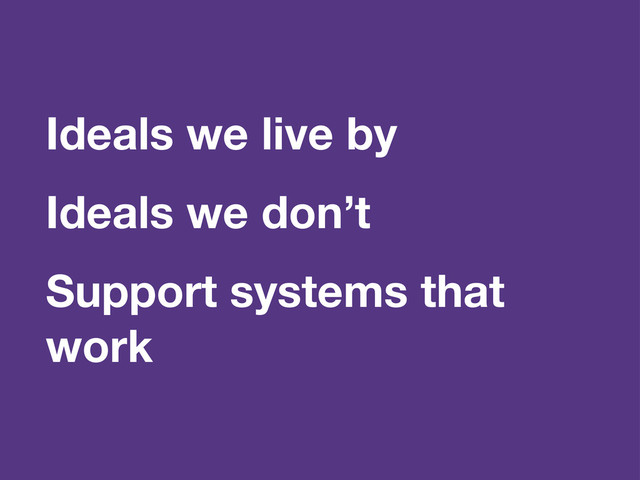 Ideals we live by
Ideals we don’t
Support systems that
work

