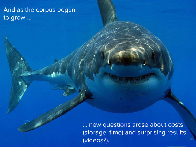 And as the corpus began
to grow …
… new questions arose about costs
(storage, time) and surprising results
(videos?).

