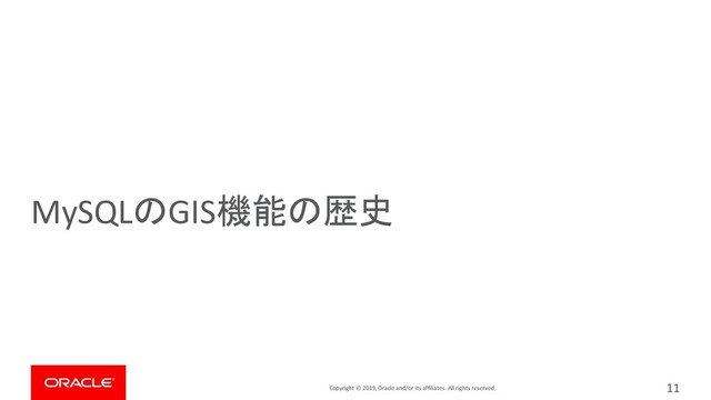 Copyright © 2019, Oracle and/or its affiliates. All rights reserved.
MySQLのGIS機能の歴史
11

