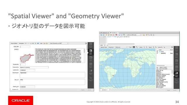 Copyright © 2019, Oracle and/or its affiliates. All rights reserved.
"Spatial Viewer" and "Geometry Viewer"
• ジオメトリ型のデータを図示可能
34
