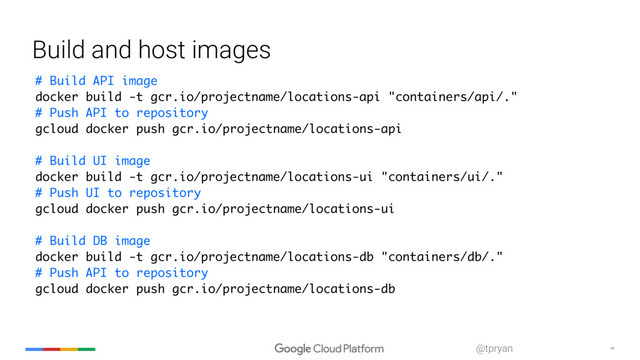 ‹#›
@tpryan
Build and host images
# Build API image
docker build -t gcr.io/projectname/locations-api "containers/api/."
# Push API to repository
gcloud docker push gcr.io/projectname/locations-api
# Build UI image
docker build -t gcr.io/projectname/locations-ui "containers/ui/."
# Push UI to repository
gcloud docker push gcr.io/projectname/locations-ui
# Build DB image
docker build -t gcr.io/projectname/locations-db "containers/db/."
# Push API to repository
gcloud docker push gcr.io/projectname/locations-db
