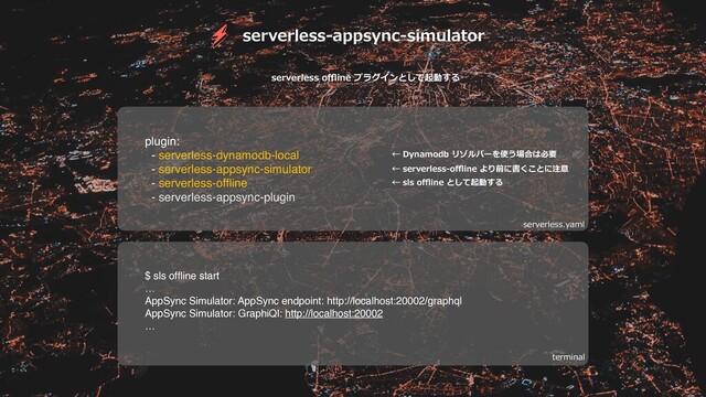 serverless-appsync-simulator
plugin:
- serverless-dynamodb-local
- serverless-appsync-simulator
- serverless-ofﬂine
- serverless-appsync-plugin
← Dynamodb リゾルバーを使う場合は必要
← sls oﬄine として起動する
$ sls ofﬂine start
…
AppSync Simulator: AppSync endpoint: http://localhost:20002/graphql
AppSync Simulator: GraphiQl: http://localhost:20002
…
serverless.yaml
terminal
serverless oﬄine プラグインとして起動する
← serverless-oﬄine より前に書くことに注意
