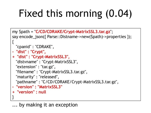 Fixed this morning (0.04)
my $path = "C/CD/CDRAKE/Crypt-MatrixSSL3.tar.gz";
say encode_json({ Parse::Distname->new($path)->properties });
{
"cpanid" : "CDRAKE",
- "dist" : "Crypt",
+ "dist" : "Crypt-MatrixSSL3",
"distvname" : "Crypt-MatrixSSL3",
"extension" : "tar.gz",
"filename" : "Crypt-MatrixSSL3.tar.gz",
"maturity" : "released",
"pathname" : "C/CD/CDRAKE/Crypt-MatrixSSL3.tar.gz",
- "version" : "MatrixSSL3"
+ "version" : null
}
... by making it an exception
