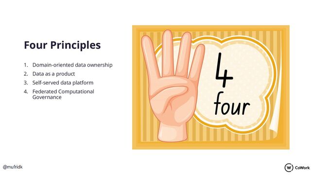 Four Principles
1. Domain-oriented data ownership
2. Data as a product
3. Self-served data platform
4. Federated Computational
Governance
