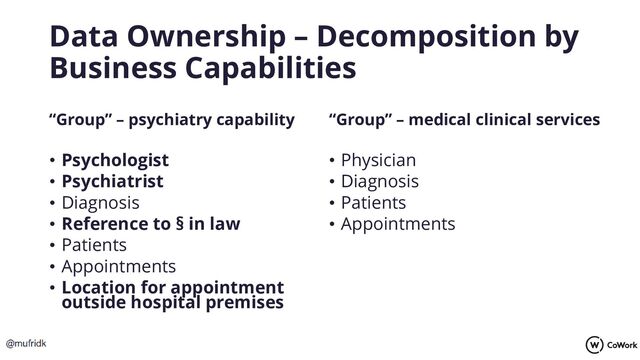 Data Ownership – Decomposition by
Business Capabilities
“Group” – psychiatry capability
• Psychologist
• Psychiatrist
• Diagnosis
• Reference to § in law
• Patients
• Appointments
• Location for appointment
outside hospital premises
“Group” – medical clinical services
• Physician
• Diagnosis
• Patients
• Appointments

