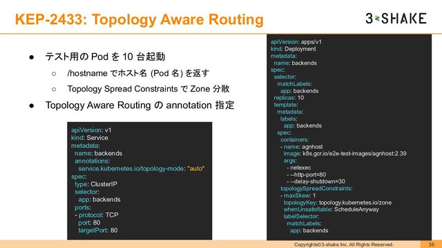 Copyrights©3-shake Inc. All Rights Reserved. 35
KEP-2433: Topology Aware Routing
● テスト用の Pod を 10 台起動
○ /hostname でホスト名 (Pod 名) を返す
○ Topology Spread Constraints で Zone 分散
● Topology Aware Routing の annotation 指定
apiVersion: apps/v1
kind: Deployment
metadata:
name: backends
spec:
selector:
matchLabels:
app: backends
replicas: 10
template:
metadata:
labels:
app: backends
spec:
containers:
- name: agnhost
image: k8s.gcr.io/e2e-test-images/agnhost:2.39
args:
- netexec
- --http-port=80
- --delay-shutdown=30
topologySpreadConstraints:
- maxSkew: 1
topologyKey: topology.kubernetes.io/zone
whenUnsatisfiable: ScheduleAnyway
labelSelector:
matchLabels:
app: backends
apiVersion: v1
kind: Service
metadata:
name: backends
annotations:
service.kubernetes.io/topology-mode: "auto"
spec:
type: ClusterIP
selector:
app: backends
ports:
- protocol: TCP
port: 80
targetPort: 80
