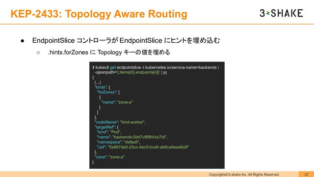 Copyrights©3-shake Inc. All Rights Reserved. 37
KEP-2433: Topology Aware Routing
● EndpointSlice コントローラが EndpointSlice にヒントを埋め込む
○ .hints.forZones に Topology キーの値を埋める
❯ kubectl get endpointslice -l kubernetes.io/service-name=backends \
-ojsonpath='{.items[0].endpoints[4]}' | jq
{
(...)
"hints": {
"forZones": [
{
"name": "zone-a"
}
]
},
"nodeName": "kind-worker",
"targetRef": {
"kind": "Pod",
"name": "backends-5dd7cf99fd-kz7td",
"namespace": "default",
"uid": "5a867de0-23cc-4ec5-bce8-ab8ca9eae8a9"
},
"zone": "zone-a"
}
