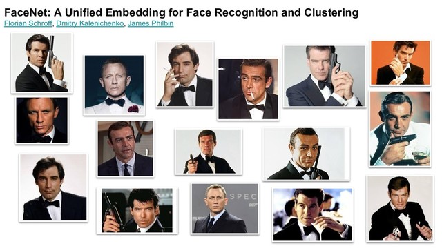 FaceNet: A Unified Embedding for Face Recognition and Clustering
Florian Schroff, Dmitry Kalenichenko, James Philbin
