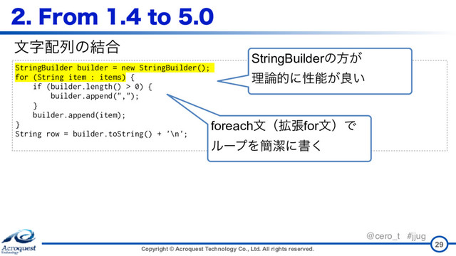 Copyright © Acroquest Technology Co., Ltd. All rights reserved.
@cero_t #jjug
'SPNUP
29
StringBuilder builder = new StringBuilder();
for (String item : items) {
if (builder.length() > 0) {
builder.append(",");
}
builder.append(item);
}
String row = builder.toString() + '\n';
จࣈ഑ྻͷ݁߹
StringBuilderͷํ͕ 
ཧ࿦తʹੑೳ͕ྑ͍
foreachจʢ֦ுforจʣͰ 
ϧʔϓΛ؆ܿʹॻ͘

