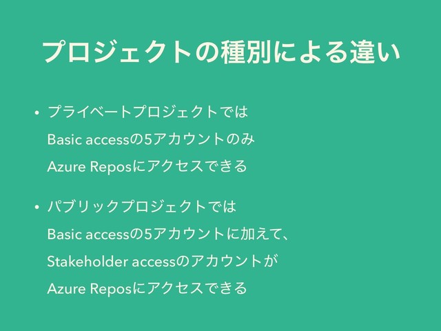 ϓϩδΣΫτͷछผʹΑΔҧ͍
• ϓϥΠϕʔτϓϩδΣΫτͰ͸ 
Basic accessͷ5ΞΧ΢ϯτͷΈ 
Azure ReposʹΞΫηεͰ͖Δ
• ύϒϦοΫϓϩδΣΫτͰ͸ 
Basic accessͷ5ΞΧ΢ϯτʹՃ͑ͯɺ 
Stakeholder accessͷΞΧ΢ϯτ͕ 
Azure ReposʹΞΫηεͰ͖Δ
