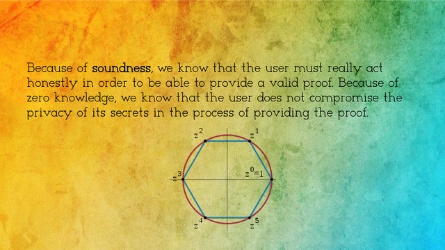 Because of soundness, we know that the user must really act
honestly in order to be able to provide a valid proof. Because of
zero knowledge, we know that the user does not compromise the
privacy of its secrets in the process of providing the proof.
