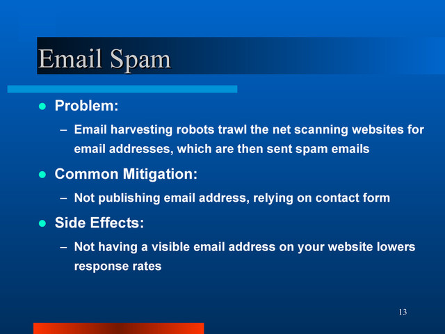 13
Email Spam
Email Spam
 Problem:
– Email harvesting robots trawl the net scanning websites for
email addresses, which are then sent spam emails
 Common Mitigation:
– Not publishing email address, relying on contact form
 Side Effects:
– Not having a visible email address on your website lowers
response rates
