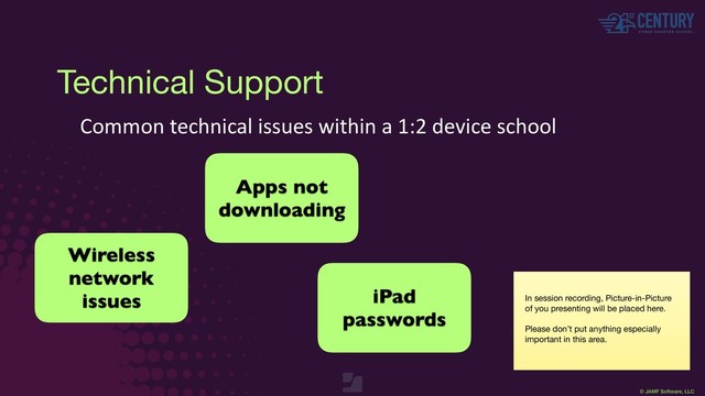 © JAMF Software, LLC
Technical Support
Common technical issues within a 1:2 device school
In session recording, Picture-in-Picture
of you presenting will be placed here.

Please don’t put anything especially
important in this area.
Wireless
network
issues
Apps not
downloading
iPad
passwords
