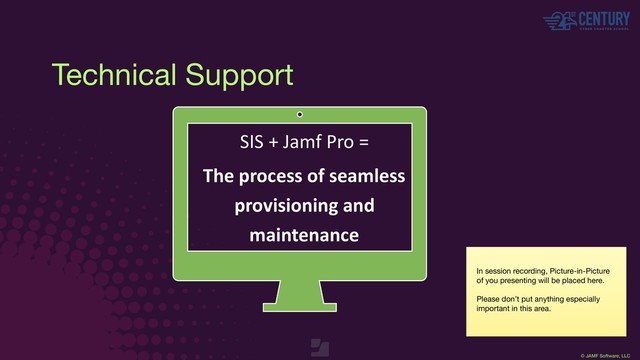 © JAMF Software, LLC
Technical Support
SIS + Jamf Pro =
The process of seamless
provisioning and
maintenance
In session recording, Picture-in-Picture
of you presenting will be placed here.

Please don’t put anything especially
important in this area.
