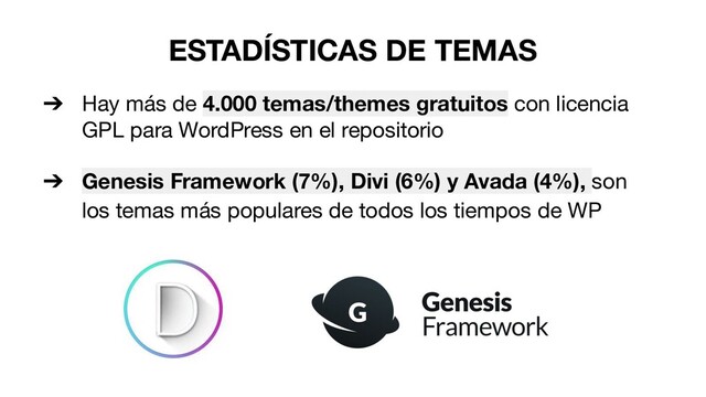 ESTADÍSTICAS DE TEMAS
➔ Hay más de 4.000 temas/themes gratuitos con licencia
GPL para WordPress en el repositorio
➔ Genesis Framework (7%), Divi (6%) y Avada (4%), son
los temas más populares de todos los tiempos de WP
