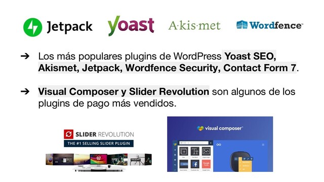 ➔ Los más populares plugins de WordPress Yoast SEO,
Akismet, Jetpack, Wordfence Security, Contact Form 7.
➔ Visual Composer y Slider Revolution son algunos de los
plugins de pago más vendidos.
