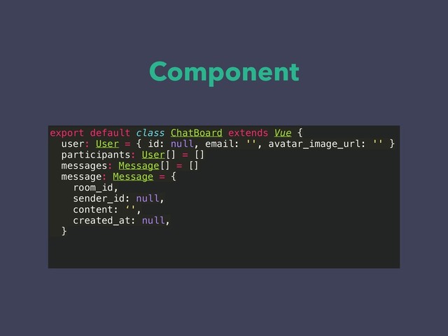 Component
export default class ChatBoard extends Vue {
user: User = { id: null, email: '', avatar_image_url: '' }
participants: User[] = []
messages: Message[] = []
message: Message = { 
room_id, 
sender_id: null, 
content: ‘', 
created_at: null, 
}
