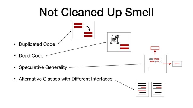 Not Cleaned Up Smell
• Duplicated Code

• Dead Code

• Speculative Generality

• Alternative Classes with Diﬀerent Interfaces
