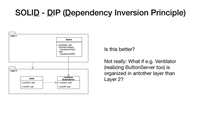 SOLID - DIP (Dependency Inversion Principle)
Is this better?

Not really: What if e.g. Ventilator
(realizing ButtonServer too) is
organized in antother layer than
Layer 2?

