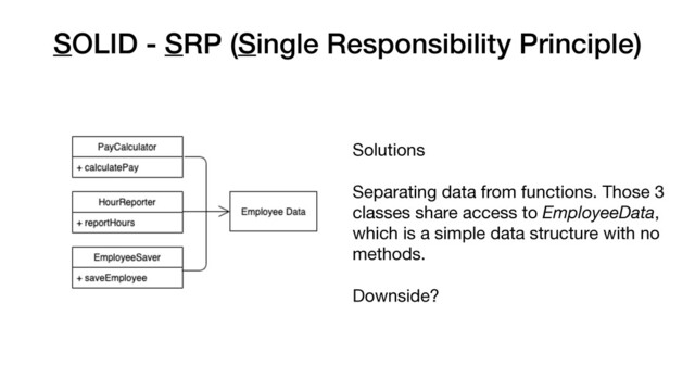 SOLID - SRP (Single Responsibility Principle)
Solutions

Separating data from functions. Those 3
classes share access to EmployeeData,
which is a simple data structure with no
methods.

Downside?
