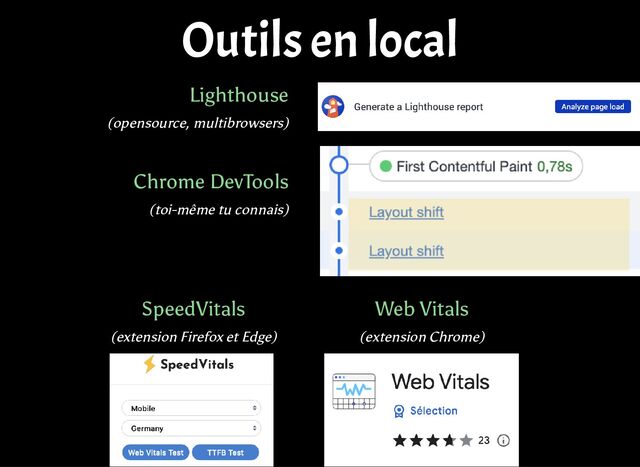 Outils en local
(opensource, multibrowsers)
Lighthouse
(toi-même tu connais)
Chrome DevTools
(extension Firefox et Edge)
SpeedVitals
(extension Chrome)
Web Vitals
