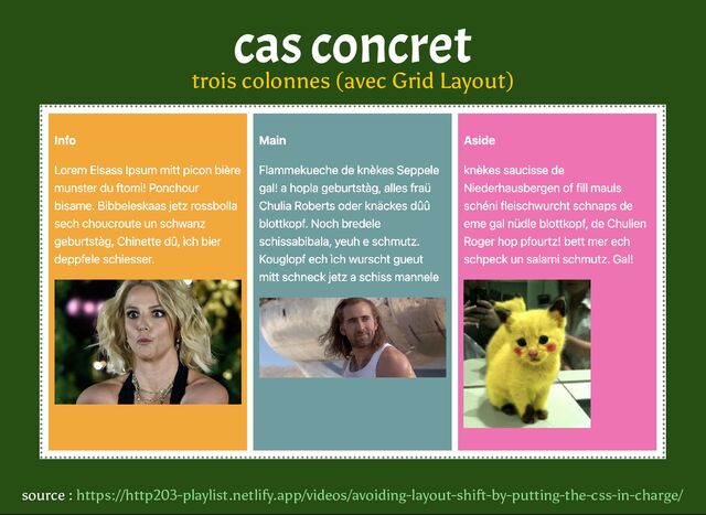 cas concret
trois colonnes (avec Grid Layout)
source : https://http203-playlist.netlify.app/videos/avoiding-layout-shift-by-putting-the-css-in-charge/
